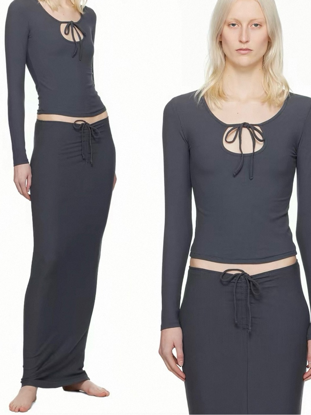 SKIMS 2-pieces Gray Soft Lounge Tie Front Long Sleeve T-Shirt& Skirt set